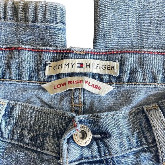 Tommy Hilfiger 00’s Low Rise Flare Hiphugger Denim Jeans - Leather Flag Patch - Picture 12 of 15
